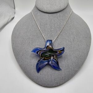 Blue,Gold,Green,Silver Starfish Pendant Necklace With 19" Silvertone Chain